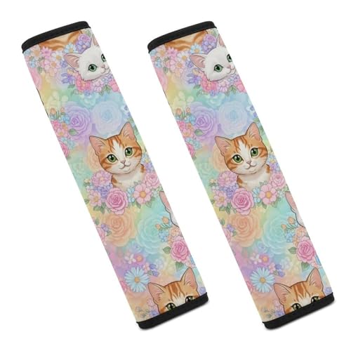 2 Pack Floral Pink Cat Car Seat Belt Pad Universal Soft and Comfortable Harness Pads Strap for Adult Use, Most Cars, Easy Install (No Tool) - color: Pattern 760
