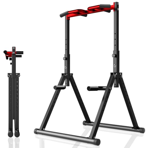 WATBKHE Power Tower Pull Up Dip Station Foldable, Pull Up Bar Station Adjustable, Multi-Function Home Gym, Strength Training Fitness Equipment, Triangular Design, for Home Outdoor - color: Black, Red-Multifunction Bar
