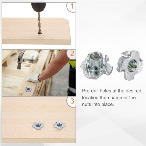 HARFINGTON M6x9mm T-Nuts 4 Pronged Tee Nut 0.69" x 0.35" Fully Thread Carbon Steel Inserts for Wood, Rock Climbing Holds, Cabinetry, Furniture 100pcs - size: M6x9mm, 17.5mm