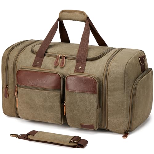 Canvas Duffle Bag for Travel 50L Expandable, Brown | Travel Duffel Bags for Men Women, Overnight Weekend Gym Bag with Shoes Compartment - color: Brown, size: Large 50 L