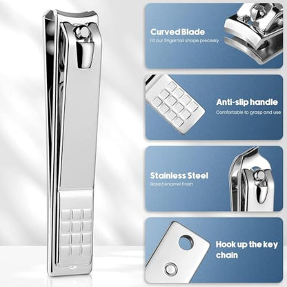 4-Piece Professional Nail Clippers Set with Wide Jaw - Heavy Duty Toenail Clippers for Thick Nails, Fingernail Clippers, Nail File & Cuticle Tool for Men and Women, Travel or Home Use