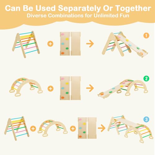 Costzon Climbing Toys for Toddlers, Foldable Montessori Wooden Arch Climber Ladder with Sliding Ramp, Multi-Combination Methods, Rainbow Kids Triangle Climber Play Gym Set for Boys Girls Gift Present - style: 5 in 1 Arch Climber Ladder, Rainbow