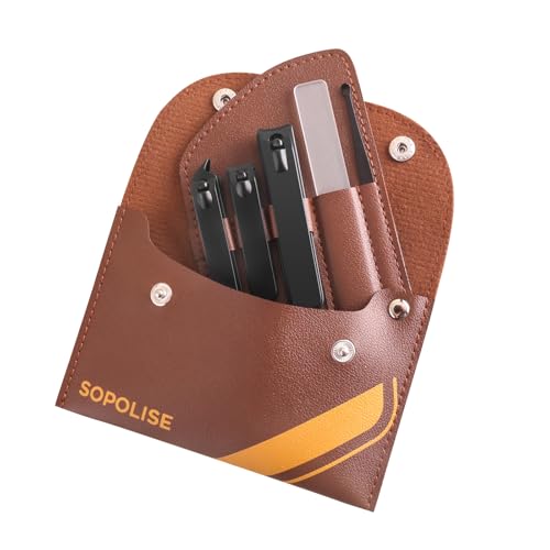 Manicure Set, 5 Piece Nail Care Kit with Carbon Steel Tools (Cuticle Nipper, Small & Large Nail Clippers, Ear Pick, Glass File), Portable Grooming Pouch, Manicure Set Nail Clippers(Brown) - color: Brown