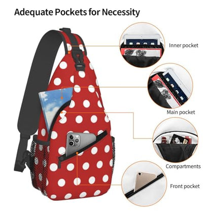 Polka Dots Crossbody Sling Bags for Women Men Abstract White Small Circle Dot on Red Background Travel Sling Backpack Casual Shoulder Bag Dice Design Dot Pattern Gym Sports Hiking Daypack - color: White Red