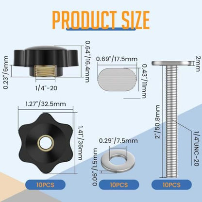 10 Packs 1/4-20 T Track Knob Kit, T-Track Accessory Includes 2" Hex Thread Knob Nuts with Washers and Star Knobs for Woodworking Jigs and Fixtures - size: Medium