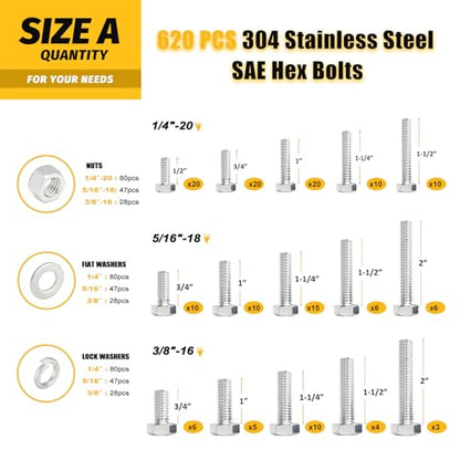 Kadrick 1240PCS Stainless Steel Hex Bolt Assortment Kit – SAE & Metric Set (1/4”-20, 5/16”-18, 3/8”-16, M6, M8, M10) – Bolts, Nuts, Flat & Lock Washers – Dual-Side Heavy-Duty Storage Box - size: 1240Pcs Stainless SAE & Metric HEX