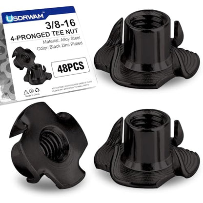 48PCS 3/8"-16 T Nuts for Wood, Carbon Steel 4-Prong Tee Nuts | Threaded inserts for wood panels, furniture and climbing wall holds - color: 48 Pack 3/8"-16
