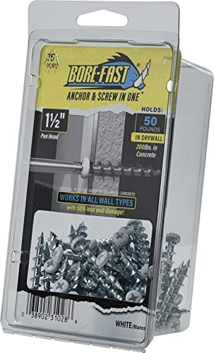 Hillman Borefast Drywall Anchors, 1-1/2in Pan Head, 75 Pack, White | Zinc finish , Phillips pan head self-drills into drywall, wood, and metal studs , Reusable for hanging fixtures - color: White