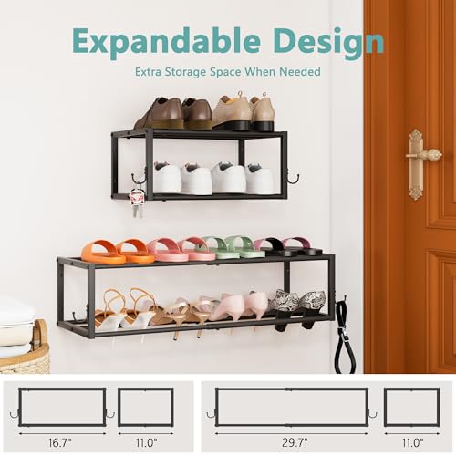 2 Pack Wall Mounted Shoe Rack, Expandable 16-29" with 4 Hooks | 2-Tier Metal Adjustable Hanging Shoe Rack Organizer Holds 16 Pairs for Entryway, Closet, Bedroom, Garage or Small Spaces - size: 29.72" W x 11" L x 7.68" H