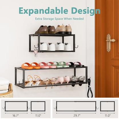 2 Pack Wall Mounted Shoe Rack, Expandable 16-29" with 4 Hooks | 2-Tier Metal Adjustable Hanging Shoe Rack Organizer Holds 16 Pairs for Entryway, Closet, Bedroom, Garage or Small Spaces - size: 29.72" W x 11" L x 7.68" H