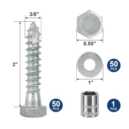3/8" x 2" Lag Screws Bolts with Washers(50Pcs) | Hot Dip Galvanized Hex Head Lag Screws, Heavy Duty Lag Bolts for Wood, TV Mounts, Deck, Boat Repair - size: 3/8x2in