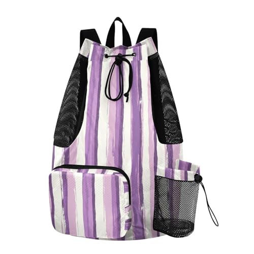 Drawstring Bags Climbing Gym Bag With Water Bottle Pocket String Bag Wet and Dry Separation Lavender Purple White Stripe Pattern Doodle Art
