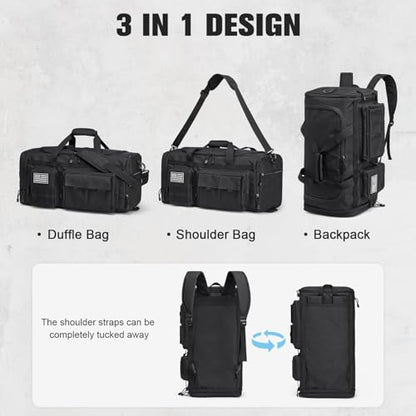 G4Free 3-in-1 Expandable Duffle Bag for Travel Gym, Large Duffel Backpack | 45L to 55L, with Shoes Compartment & Wet Pocket, for Men Women, Black - color: Black