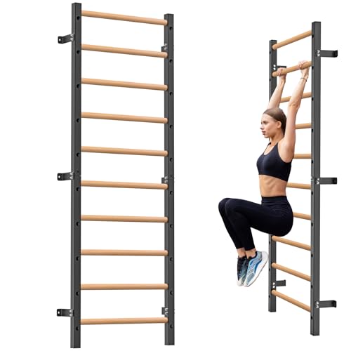 Kipika Gymnastic Wood Stall Bar - 2"x2" Swedish Ladder with 1" Hole, Wall Mounted Ladder Suspension Trainer, Solid Wood Grips Gymnastics Training Bar for Home, Wall Gym, School & Clinics