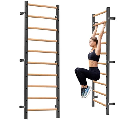 Kipika Gymnastic Wood Stall Bar - 2"x2" Swedish Ladder with 1" Hole, Wall Mounted Ladder Suspension Trainer, Solid Wood Grips Gymnastics Training Bar for Home, Wall Gym, School & Clinics