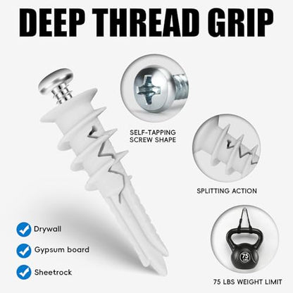 Self Drilling Drywall Anchors with Screws Kit 120 Pcs, No Pre Drill Required, Heavy Duty Holds Up to 75 LB, #8 x 1-1/4, for Sheetrock Shelves and Mirrors