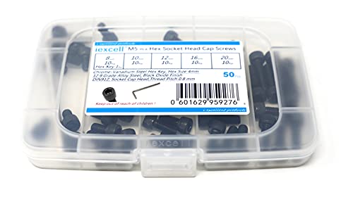 iexcell 50 Pcs M5 x 8/10/12/16/20 Alloy Steel 12.9 Grade Hex Socket Head Cap Screws Bolts Assortment Kit, Black Oxide Finish - size: M5 x 8/10/12/16/20mm