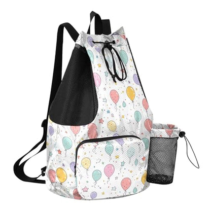 Mens Drawstring Bags Climbing Gym Bag With Water Bottle Holder Cinch Bags Wet and Dry Separation Cartoon Cute Colorful Balloons