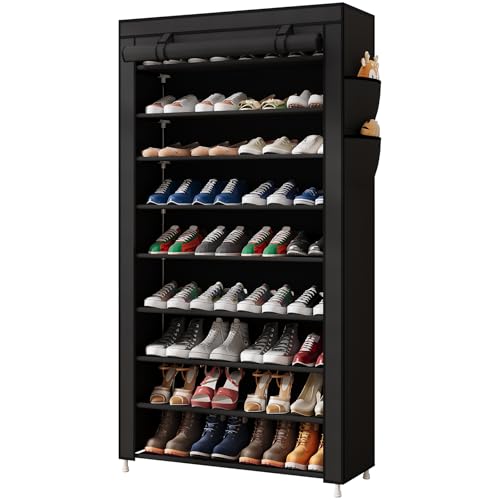 Laiensia 9-Tier Vertical Shoe Rack Organizer, Space Saving Shoe Storage Organizer, Non-Woven Cover Shoe Shelf Holds 36-45 Pairs for Bedroom, Hallway, Closet Entryway, Black - color: Black, size: 9-tier