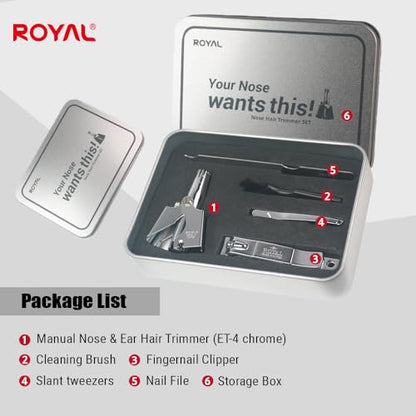 ROYAL [Made in Korea] Nose Hair Trimmer for Men Set, Birdie Set, with Nail Clippers and Tweezers, Manual, Battery-Free, Waterproof, Painless with Twelve Dual-Edged Blades, Patented Mechanism RET-4 - color: Silver Set