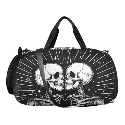 Kids Sports Duffel Bag for Boys & Girls - Two Skeletons Skull Heart 100% Polyester Gym Bag with Separate Shoe Compartment, Adjustable Shoulder Strap, Compact Travel & Workout Gear Bag - color: Two Skeletons Skull Heart