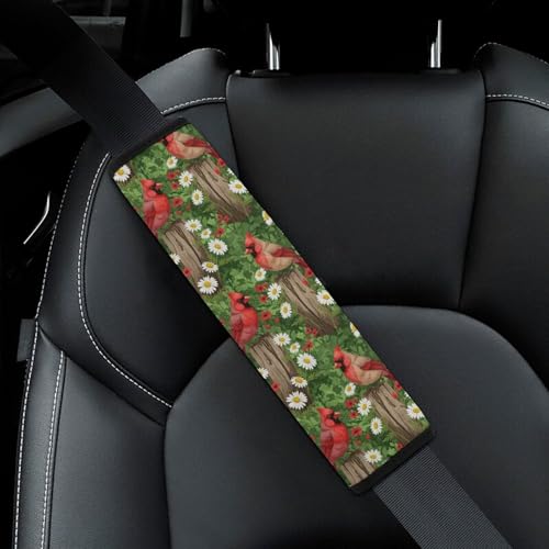 2PCS Breathable Seat Belt Cover for Adults and Children, Most Cars, Cardinal Bird Daisy Flower Shoulder Harness Cover, Shock Absorption - color: Pattern 646