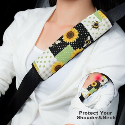 2PCS Sunflower Bee Plaid Seat Belt Cover Soft Padded Neck Strap Covers for Kids, All Vehicles, Comfortable Driving - color: Pattern 1136
