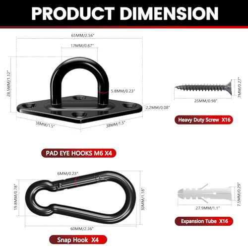 sprookber 304 Stainless Steel Pad Eye Snap Hooks, M6 Heavy Duty Ceiling Hooks, 800 lb Capacity Hammock Swing Hanging kit, Plant Hangers, Marine Hardware Staple Hook Loop with Screws, Set of 8(Black) - size: 2.3 inch, style: Black Rhombus