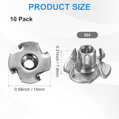 M METERXITY 10-Pack M4x7.8mm T-nut, 4-Pronged Tee Nut Threaded Insert | Stainless Steel, for Wood, Rock Climbing Holds, Furniture, Corrosion Resistant Fasteners - size: M4x7.8mm