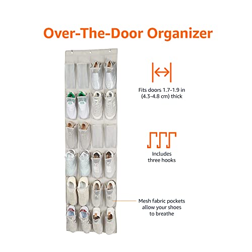 Amazon Basics 24 Medium Mesh Pocket Over-the-Door Hanging Shoe Organizer, Space Saving Shoe Storage, Light Grey | Over-the-Door