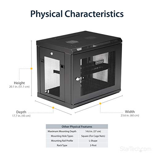 StarTech 9U Wall-Mount Cabinet, 19in, 2-Post, 15in Deep, 198lb (RK9WALM) | Enclosed locking server rack kit for IT data equipment, Max depth 15in, SPCC steel, Includes 1U shelf, Assembled - size: 9U, style: fixed 15" depth
