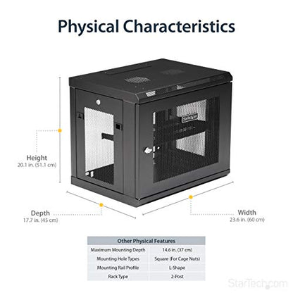 StarTech 9U Wall-Mount Cabinet, 19in, 2-Post, 15in Deep, 198lb (RK9WALM) | Enclosed locking server rack kit for IT data equipment, Max depth 15in, SPCC steel, Includes 1U shelf, Assembled - size: 9U, style: fixed 15" depth