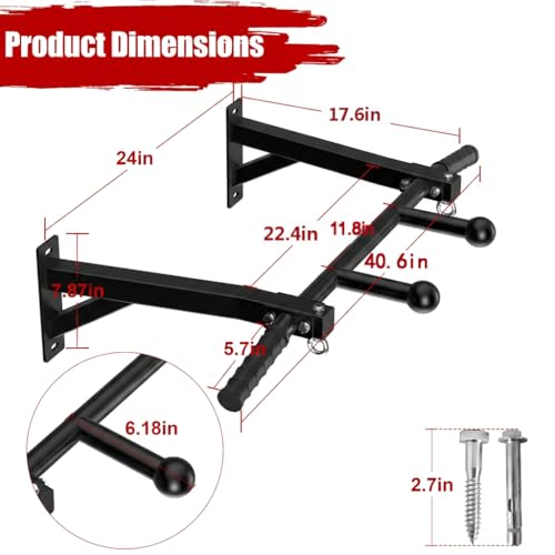 Upgrade Wall Mount Pull Up Bar, Heavy Duty Steel PullUp Bar Fits 24'' Wood Studs, Multi Grip Pull Up Bar with Ball Finger & Round Rings, for Home Gym Garage Basement Strength Training Chin Up Bar