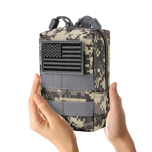 2 Pack Tactical Molle EDC Pouch Multi-Purpose Compact Pack Water-Resistant Utility Pouch with Flag Patch - color: Gray Camo