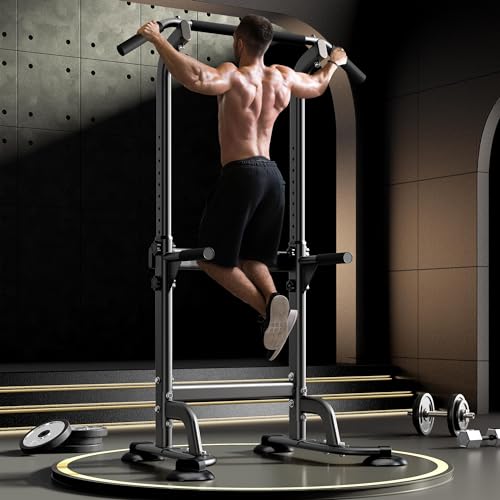 DlandHome Power Tower Pull Up Dip Station Multi-Function Fitness Equipment for Strength Training Adjustable Height Dip Stand for Home Gym - color: Black