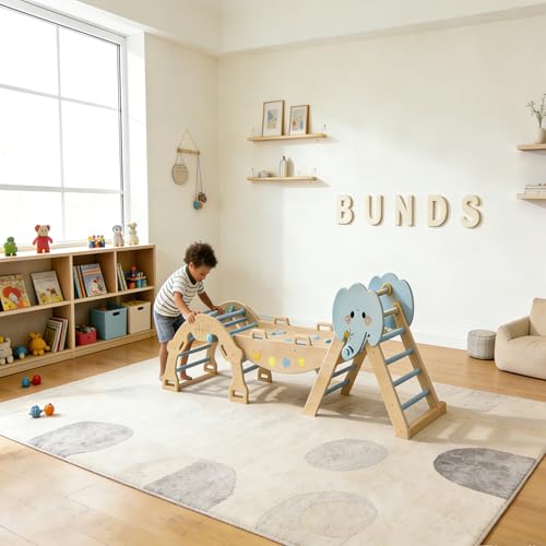 OUTLANE Pikler Triangle Set, 7-in-1 Foldable Wooden Toddler Climbing Toys Indoor, Jungle Gym for Toddlers, Large Montessori Climbing Set with Reversible Slide, Arch Ramp, Ladder, Draw Board & Cushion - color: Blue With Draw Board