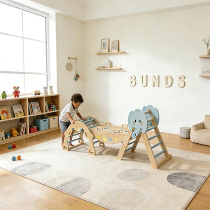 OUTLANE Pikler Triangle Set, 7-in-1 Foldable Wooden Toddler Climbing Toys Indoor, Jungle Gym for Toddlers, Large Montessori Climbing Set with Reversible Slide, Arch Ramp, Ladder, Draw Board & Cushion - color: Blue With Draw Board