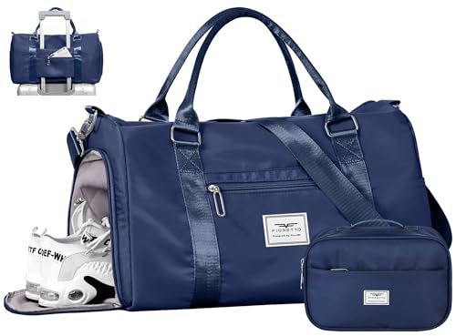 FIORETTO Womens Gym Tote Duffle Bag with Toiletry Bag, Sports Duffel Overnight Hospital Workout Carry on Bag for Girls with Wet Pocket & Shoe Compartment, Ideal for Travel, Swimming, Dance Navy Blue - color: Navy, style: Gym Bag With Toiletry Bag