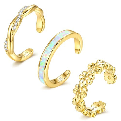 FIASASO 3Pcs Gold Filled Toe Rings for Women Non Tarnish 14K Gold Filled Toe Ring Adjustable Flower Cz Dainty Toe Ring Summer Beach Open Toe Rings Set Toe Jewelry Foot Jewelry - color: 14K Gold Filled opal