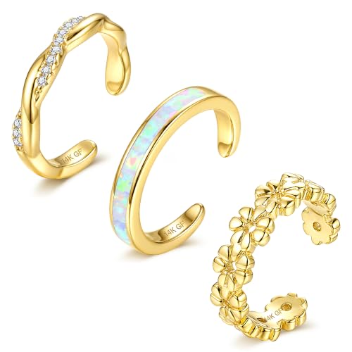 FIASASO 3Pcs Gold Filled Toe Rings for Women Non Tarnish 14K Gold Filled Toe Ring Adjustable Flower Cz Dainty Toe Ring Summer Beach Open Toe Rings Set Toe Jewelry Foot Jewelry - color: 14K Gold Filled opal