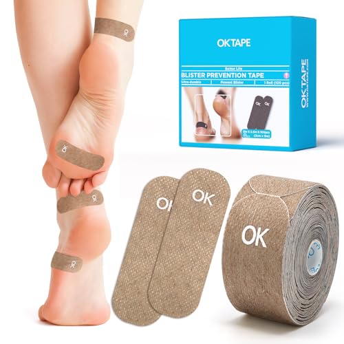 OK TAPE Blister Prevention Tape, 100 Pcs, Moleskin for Blisters, No-Residue Blister Bandages for Feet & Body, Heel Patches, 1.2in X 3.5in Precut Strips - Brown - color: Brown-100p