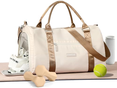 FIORETTO Womens Gym Tote Duffle Bag with Wet Pocket & Shoe Compartment, Sports Duffel Overnight Weekender Hospital Workout Carry on Bag for Girls, Ideal for Travel, Swimming, Dance, Ballet Beige - color: Beige & Brown, style: Gym Bag