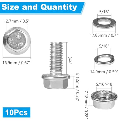 10 Sets 5/16-18 x 3/4" Flanged Hex Head Bolts Kits, 5/16-18 Flange Hexagon Screws and Nuts,Flat & Spring Lock Washers, 304 Stainless Steel 18-8,Fully Threaded - size: 5/16-18 x 3/4"