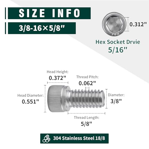 3/8-16 x 5/8" Socket Head Cap Screw Bolt, 304 Stainless Steel 18-8, Allen Hex Drive, Coarse Thread UNC, 10 PCS - size: 3/8-16 x 5/8"