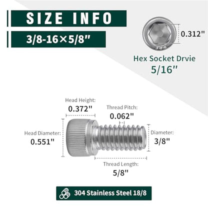3/8-16 x 5/8" Socket Head Cap Screw Bolt, 304 Stainless Steel 18-8, Allen Hex Drive, Coarse Thread UNC, 10 PCS - size: 3/8-16 x 5/8"