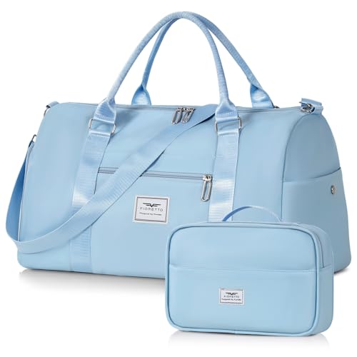 FIORETTO Womens Gym Tote Duffle Bag with Toiletry Bag, Sports Duffel Overnight Hospital Workout Carry on Bag for Girls with Wet Pocket & Shoe Compartment, Ideal for Travel, Swimming, Dance Light Blue - color: Light Blue, style: Gym Bag With Toiletry Bag