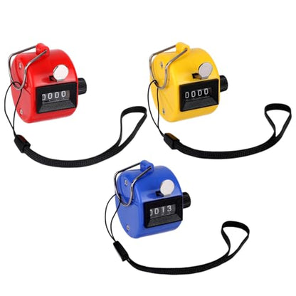 3pcs Handheld Clicker Counters, 4 Digit Hand Tally Pitch Counter Clicker with Hanging Lanyard for Baseball Golf Sports Events Coaching Counting(Red, Yellow, Blue)