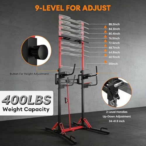 ONETWOFIT Foldable Power Tower Pull Up Bar Dip Station, Multi-Function Adjustable Height, Strength Training, 400LBS Capacity