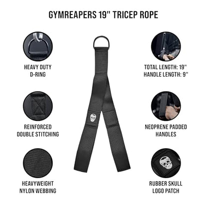 Gymreapers Tricep Rope Cable Attachment - Multi-Workout Tricep Pull Down Cable Attachment - Perfect Gym Cable attachments (3 Lengths Built in One) - color: Black, size: Tricep Rope - 19"