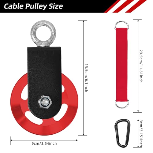 LFJ Aluminum Alloy Cable Pulley with Swing Strap Carabiner, 90mm Pulley Wheel for LAT Pulley System DIY Pull Down Attachment,Ladder Lift,Home Gym Equipment - color: Red